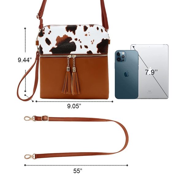 Cow Print Purse-Zier Pockets Crossbody Bag Tassel Charm Wristlet Shoulder ;) - Picture 4 of 6